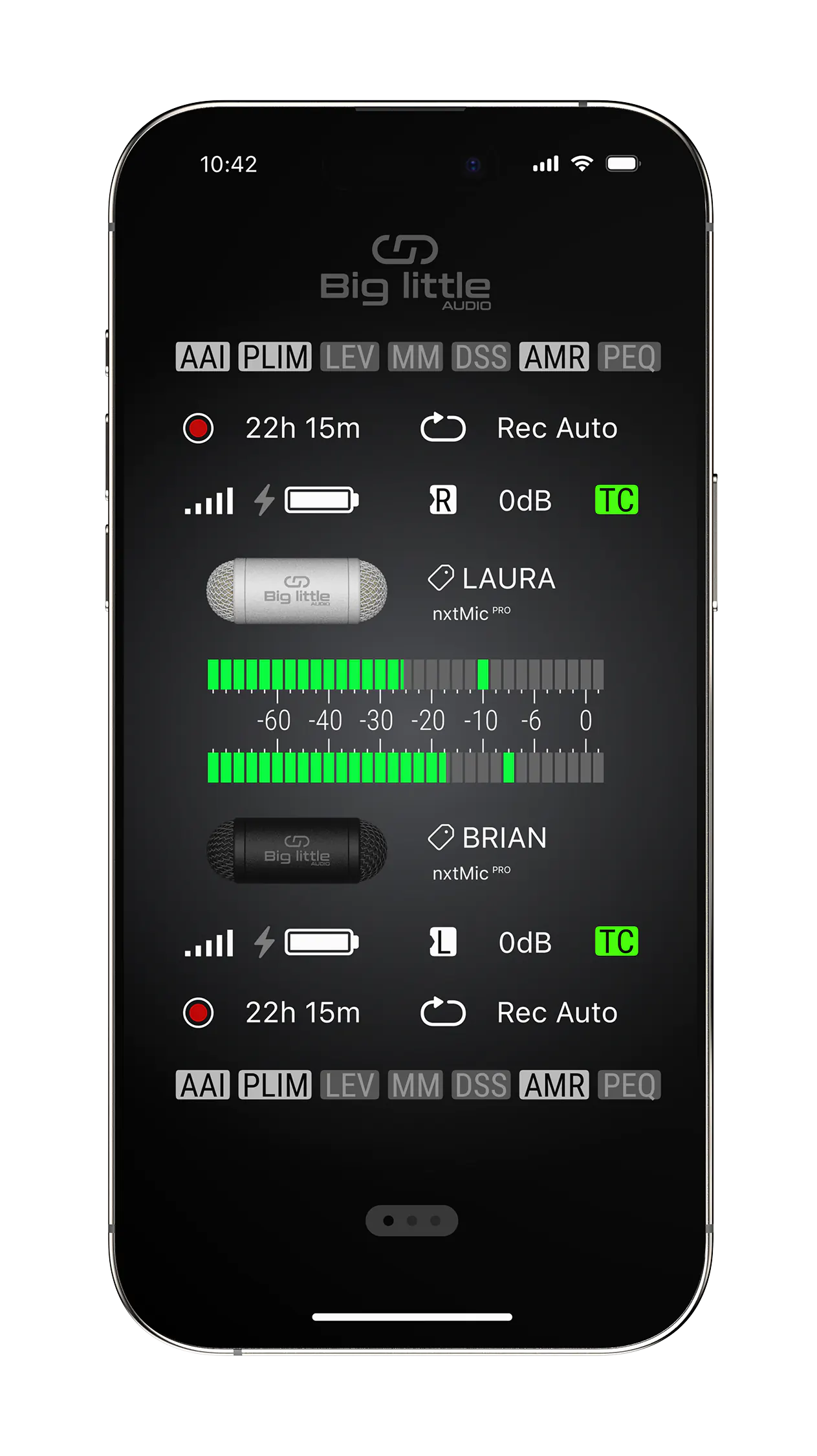 iPhone Pro Max with nxtMic Command and control App. Two nxtMic microphones connected via nxtMic Pro LE receiver.